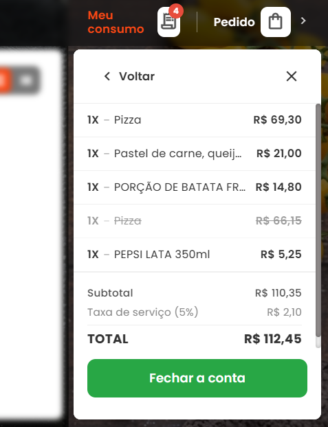 Painel Meu Consumo com histórico da mesa