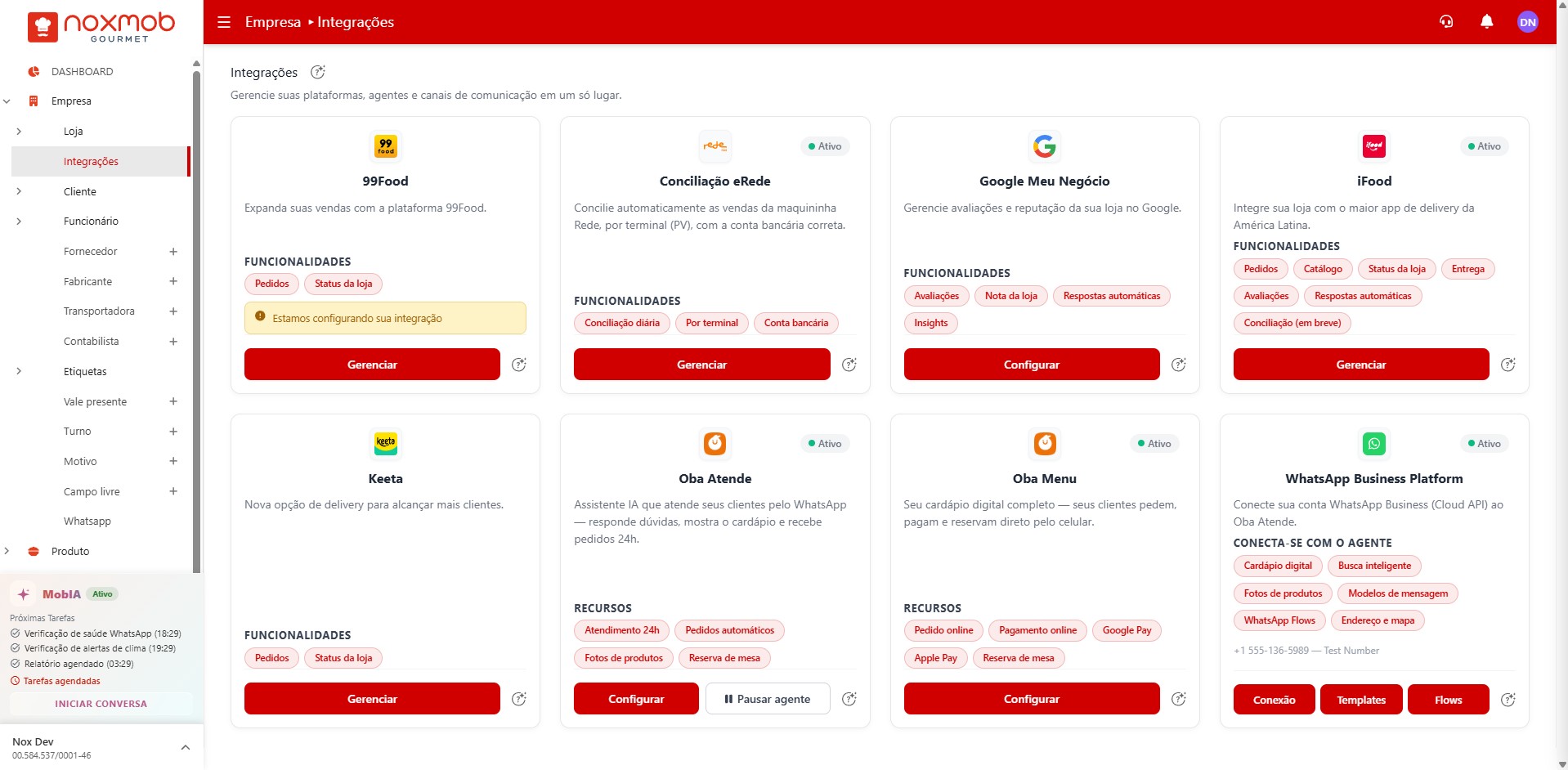 Card Conciliação eRede na tela de Integrações