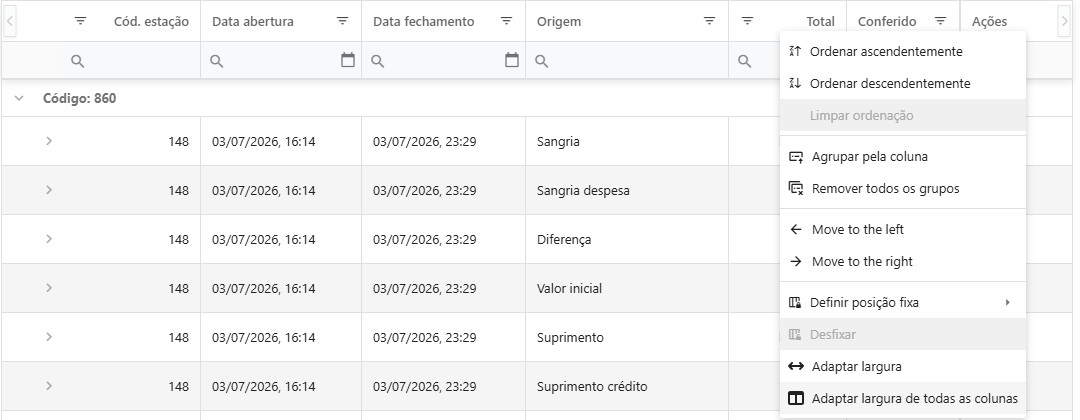 Menu de contexto da grade com a opção Adaptar largura de todas as colunas