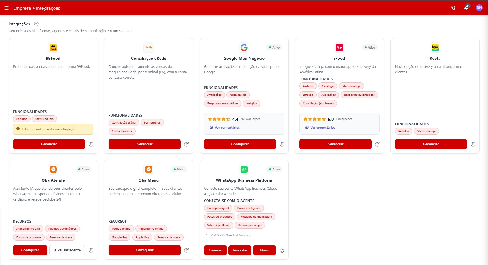 Central de Integrações com avaliações e respostas automáticas
