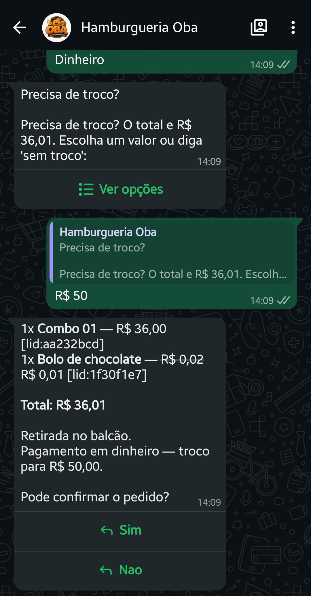 Atendente do Oba Menu conduzindo um pedido pelo WhatsApp